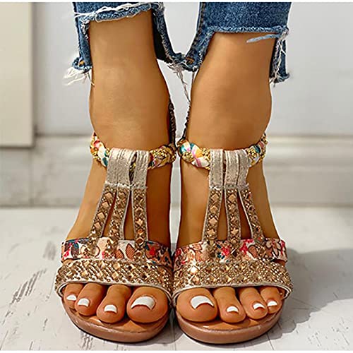 DZQQ Sandalias de Verano para Mujer, Zapatos de cuña con Plataforma Bohemia, Zapatos de Playa de Gladiador de Cristal Roma para Mujer, Banda elástica Informal para Mujer