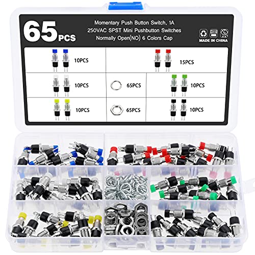 eROOSI Interruptor de botón momentáneo de 65 piezas, 1A 250VAC SPST mini interruptor de botón normalmente abierto (NO) de 6 colores, adecuado para proyectos electrónicos de pequeña potencia