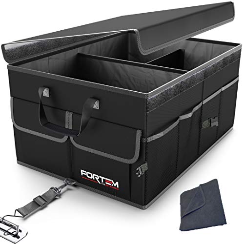 FORTEM Organizador de Maletero para Coche, Caja de Almacenamiento Plegable con Compartimentos, Base Antideslizante, Correas, Bolsillos (Estándar, Negro)