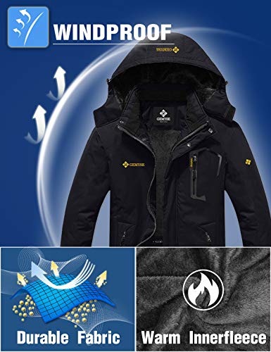 GEMYSE Chaqueta de Esquí Impermeable de Montaña para Hombre Abrigo de Invierno de Lana Antiviento con Capucha (Negro,XXL)