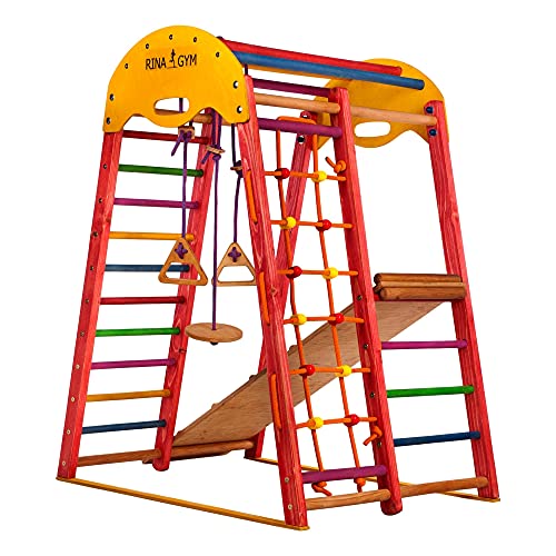 Generic RINAGYM - Triángulo de escalada de madera para niños - Red de escalada, escalera sueca, anillos, tobogán - Promueve el desarrollo - Ideal para 1 a 5 años - Soporta hasta 60 kg