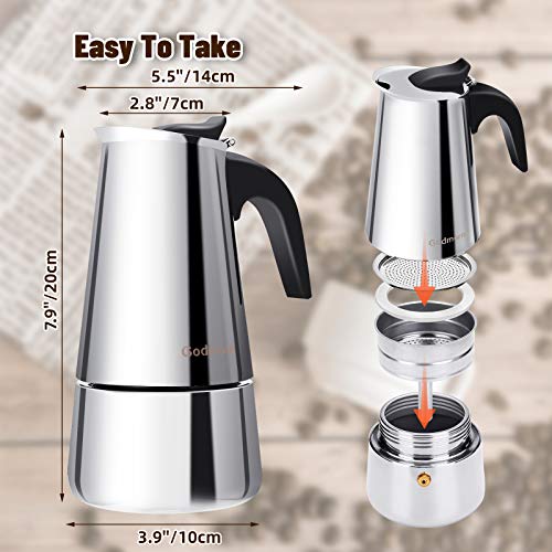 Godmorn Cafetera Italiana,Cafetera espressos en Acero inoxidable430,6 Tazas(300ml),Conveniente para la Cocina de inducción,Cafetera Moka Clásica,Plata, Uso Doméstico y en la Oficina.