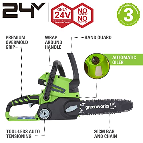 Greenworks Motosierra de batería G24CS25 (Li-Ion 24V 4 m/s velocidad de la cadena 25cm longitud de sable 50ml volumen del tanque de aceite sin batería y cargador)