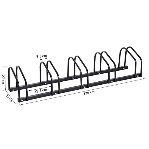 HOMCOM Aparcamiento para 5 Bicicletas Soporte de Acero para Aparcar Bicicletas en el Suelo Estacionamiento para Interior y Exterior 130x33x27 cm Negro