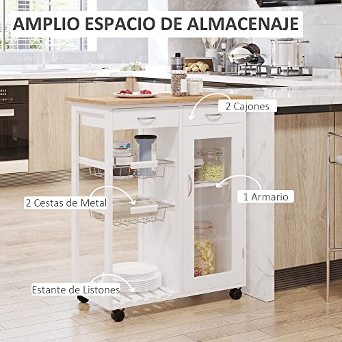 HOMCOM Carro de Cocina Carrito de Servir Multiusos Estantería Carrito Auxiliar con Ruedas para Baño Dormitorio con Estantes Cestas Cajones 70x37x85cm Madera