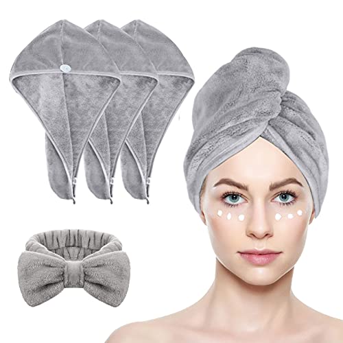 JOLIGAEA 3 Piezas Gris Toallas para Secar el Pelo + Diademas con Lazo, Cabello Turbante de Secado rápido Coral Fleece con Botón del Abrigo, Toalla de Microfibra para El Cabello para Mujeres