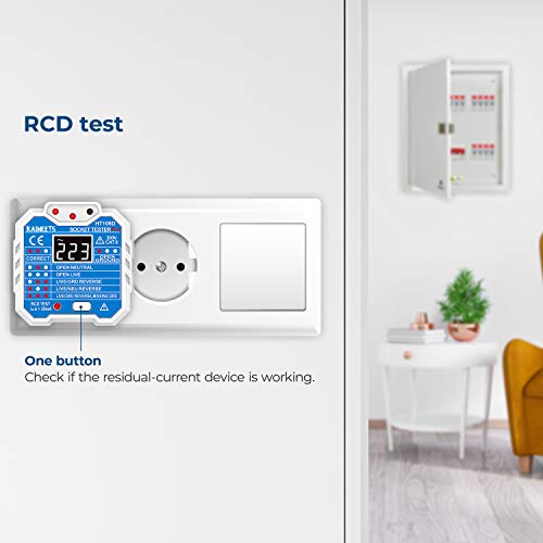 KAIWEETS HT106D Comprobador de Enchufe de 48 a 250V Probador de RCD Enchufe con LCD Pantalla que Medir Voltaje, Examinar Circuito y Probar Estado del Diferencial, CAT II 300V