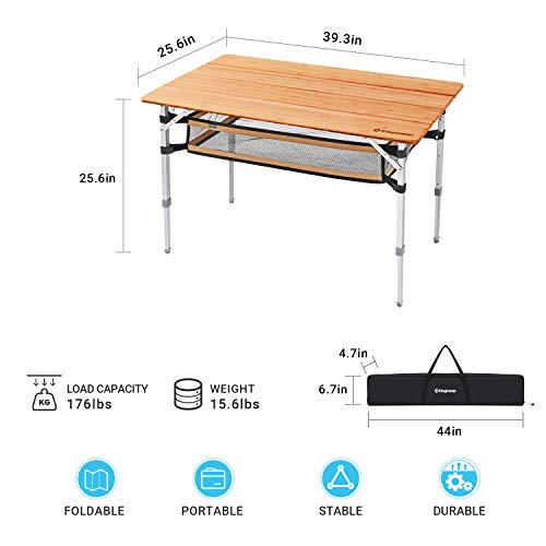 KingCamp Mesa Plegable de bambú Mesa de Centro Plegable de Altura Ajustable Mesa de Camping Enrollable portátil para Interiores y Exteriores con Almacenamiento de Malla 100x65x45 / 52 / 65cm