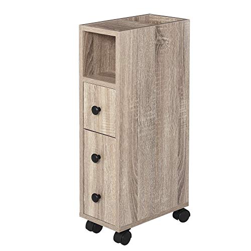 kleankin Armario de Baño Mueble Auxiliar para Baño Espacio Reducido con Ruedas Estantes Abiertos Armario Cajón 18x30x68,5 cm Madera Roble