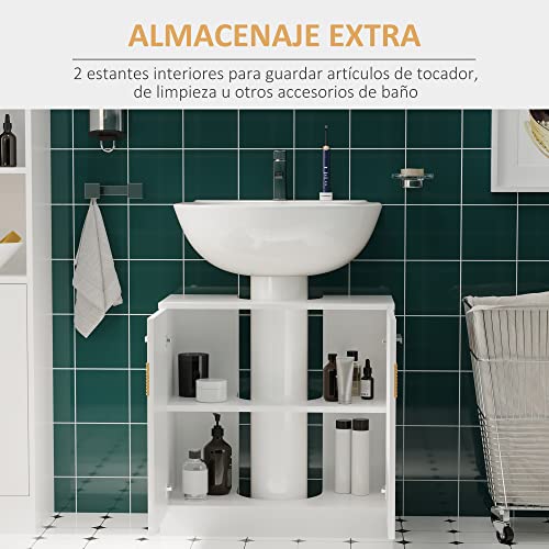 kleankin Mueble para Debajo del Lavabo Armario Baño de Suelo de Madera con 2 Puertas y Estante Interior Estilo Moderno 60x30x60,5 cm Blanco