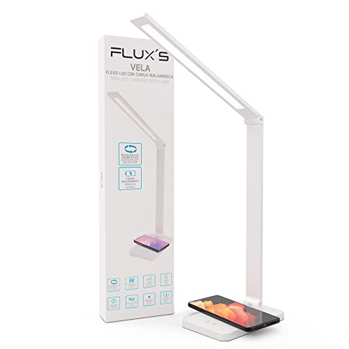 Lámpara Escritorio LED FLUX’S con Cargador Inalámbrico y Puerto de carga USB, Flexo LED de Mesa con brillo regulable, 5 modos de iluminación y Control Táctil Cuerpo de Aluminio y Bajo Consumo (Blanco)