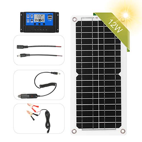 Lechnical Kit de panel solar, 12W 12V con controlador de carga Puerto USB Módulo monocristalino fuera de la red con kits de cables de conexión SAE para Camping Car Boat Marine