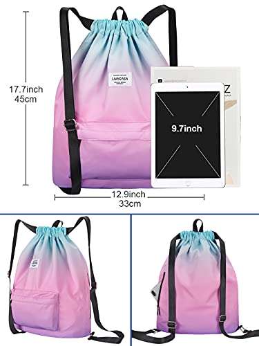 LIVACASA Mochilas de Cuerdas Ancho Hombre Mujer Grandes Bolsas de Cuerdas Gimnasio Cordones Cómodos Ajustable con Asa A Prueba de Agua para Playa Piscina Verde Rosa Morado