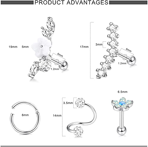 LOLIAS Pendientes de cartílago de acero inoxidable Aro para mujer Helix Piercing Tiny Stud Pendientes Set Tragus Nariz Labio Círculo Conch Tornillo Pendientes CZ Barbell Earring 16G