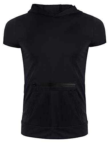 Lomon - Camisetas de gimnasio para hombre, camiseta deportiva, camiseta de tirantes fina para fitnes, sudaderas sin mangas, con capucha y bolsillos, Negro, L