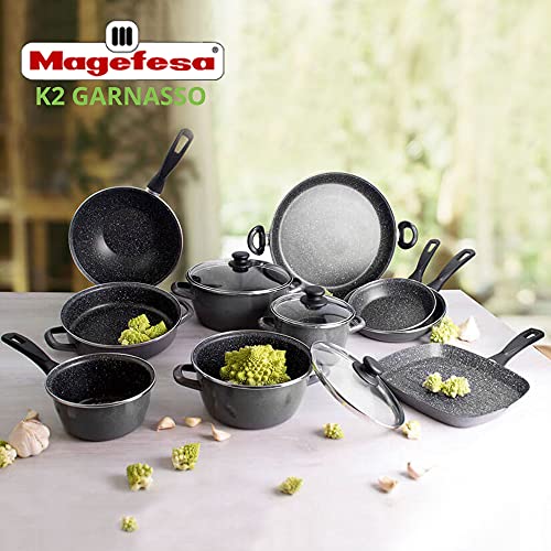 Magefesa K2 Gransasso Batería de cocina con cazo 16 cm, cacerolas con tapa 20 y 24 cm, ollas con tapa 16 y 24 cm en acero esmaltado vitrificado, inducción y lavavajillas, gris