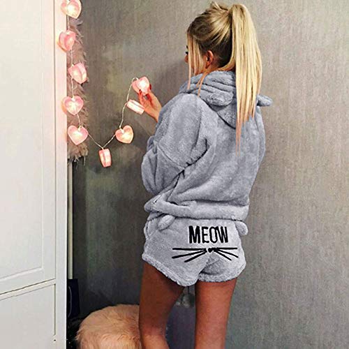 Mallalah Pijamas para Mujer Ropa de Dormir Acogedora Sudadera con Capucha Bordada de Lana Meow PJ Set (M, Gris)