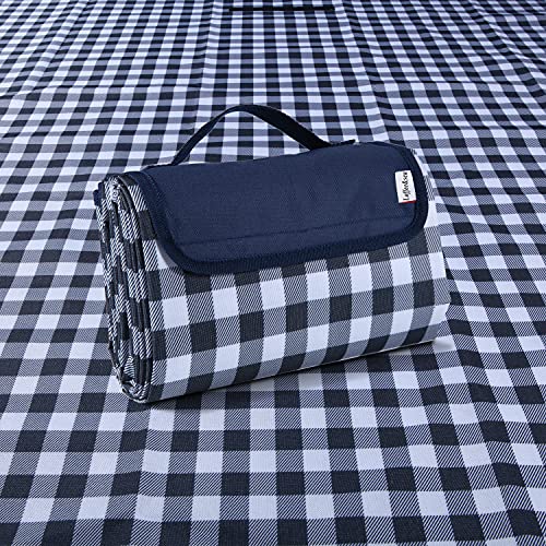 Manta de picnic de Gingham, tapete de picnic al aire libre, 144,8 x 200,7 cm, impermeable, a prueba de arena, manta de playa, manta de viaje, portátil, práctica de picnic, color azul