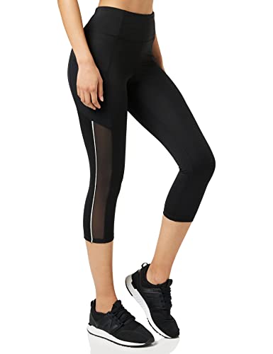 Marca Amazon - AURIQUE Mallas de Deporte Cortas con Banda Lateral Mujer, Negro (Black/White), 42, Label:L