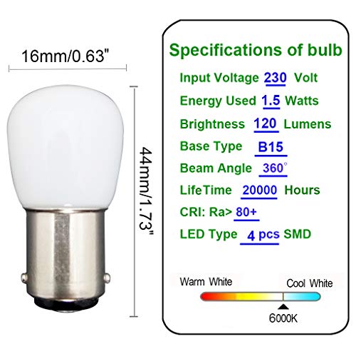 MZMing [2 Pack Bombilla LED B15 1.5W en Lugar de 15W 6000K Lámpara Halógena Blanca 120lm Temperatura Baja No Ajustable para Refrigerador/Máquina de Coser