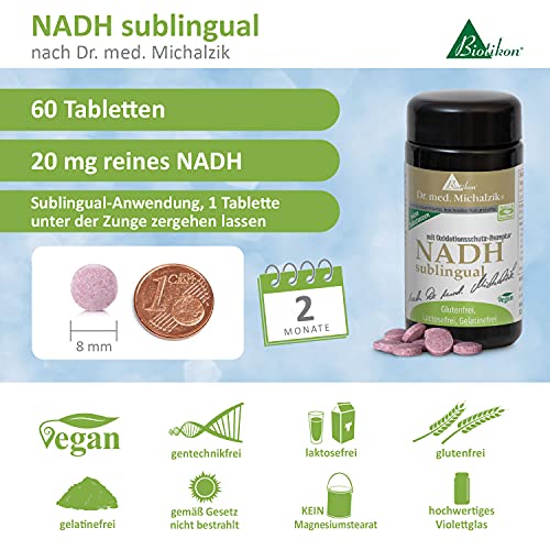 NADH 60 - sublingual NUEVO según el Dr. medicina Michalzik® - 60 pastillas en dosis alta - NADH puro 20 mg - sin aditivos - de Biotikon®