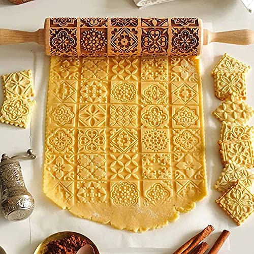 Nativity Engraved Rolling Pin, Wooden Embossing Rolling Pin with 9 Different Scene, Squares Patterned Pastry Roller, Christmas Window Grilles Pattern 3D Rolling Pins for Baking, Cookies (Flower-43CM)