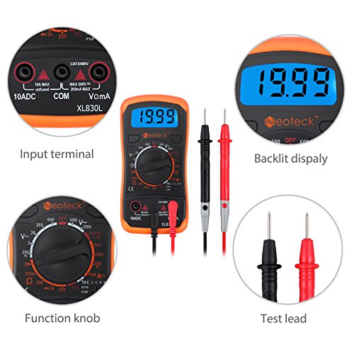 Neoteck MultÍmetro Digital Multi Tester Voltímetro Amperímetro Ohmímetro AC/DC Diodos de Resistencia Transistor Audible Continuidad Probador con retroiluminación LCD para Fábrica Laboratorio