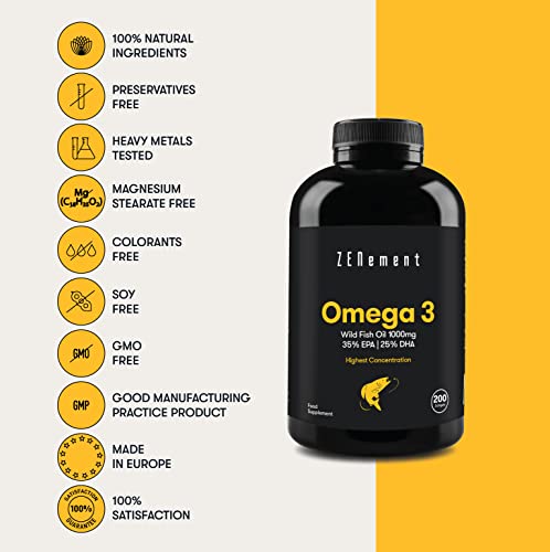 Omega-3 Aceite de Pescado Salvaje | 1000 mg x 200 Perlas | Máxima concentración: 35% EPA + 25% DHA | Favorece la salud cardiovascular, de las articulaciones, y la función cerebral | 100% Natural