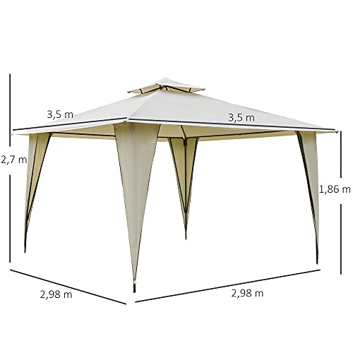 Outsunny Cenador de Jardín 3,5x3,5 m Carpa con Doble Techo y 8 Orificios de Drenaje Marco Metálico para Celebraciones Fiestas Bodas Exteriores Beige