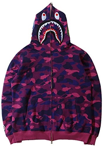 PADOLA Hombre Sudadera con Capucha Bape Shark Hoodie Camuflaje con Cabeza de Tiburón Sweatshirt con Cremallera Algodón Invierno Cálido (XXL,1580 Morado)