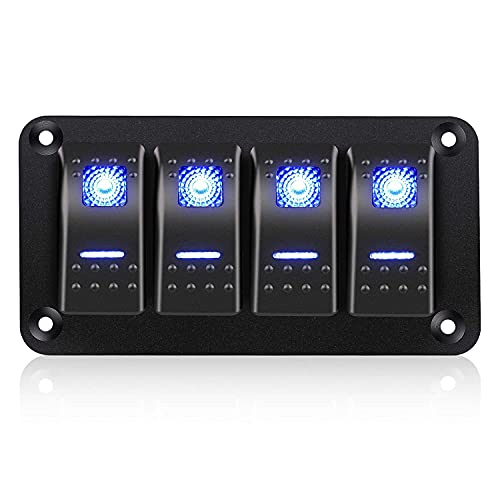 PAIRIER 4 Gang Panel de Interruptores Basculantes, 12V / 24V Rocker Switch Panel de Encendido/Apagado de 5 Pines con Luz LED Azul Impermeables, para Coches, Barcos, Yates, Caravanas, Camiones