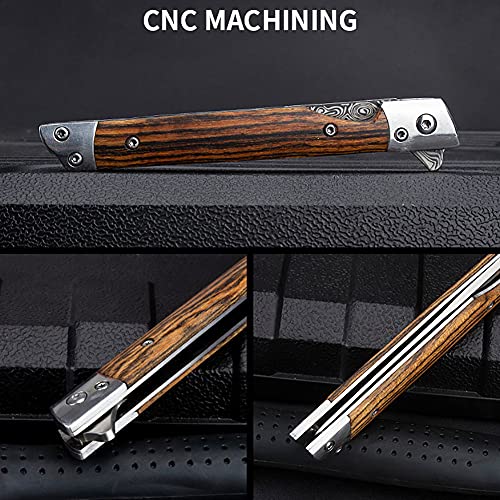 Poktlife Navaja Plegable,Cuchillo Supervivencia con Mango de Madera,Navaja Caza Pesca,Acero Inoxidable de Bolsillo Navaja,para Acampar, Picnic,Caza (Marrón claro)