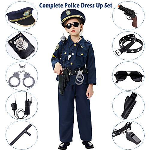 Policía Disfraz Niño con Policía Equipo Policía Camisa Pantalones Sombrero Cinturón Policía Placa Esposas Gafas de Sol Walkie Talkie Policía Juguete Kit para Niños Halloween Fiesta Carnaval (S)