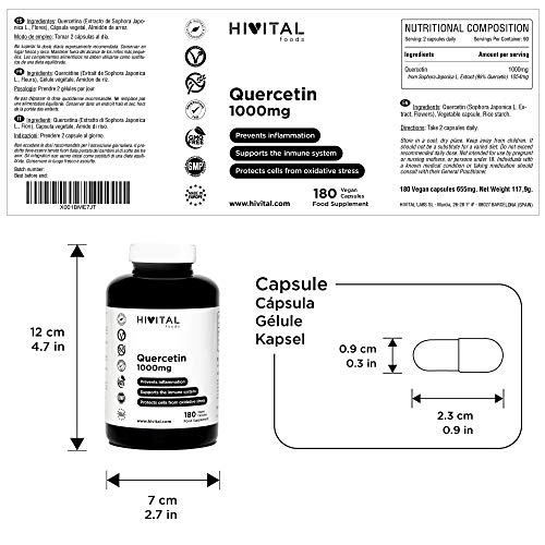 Quercetina 1000 mg. 180 cápsulas veganas para 3 meses de tratamiento. Extracto de flores de Saphora Japonica al 95% en Quercetina. Antioxidante celular y Antiinflamatorio Natural