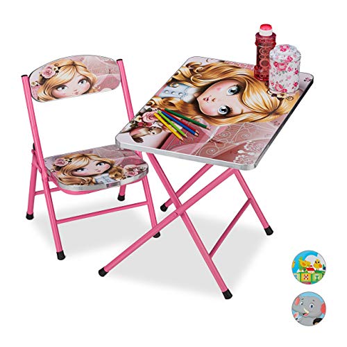 Relaxdays Mobiliario Plegable Infantil, Mesa de Actividades, Silla para niños, Princesa, 1 Ud, Rosa, Metal, plástico