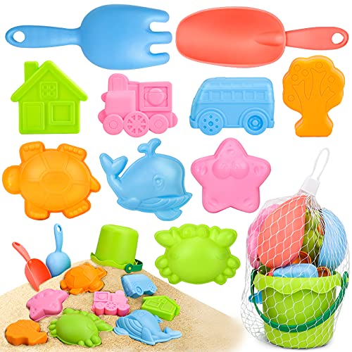 Sanlebi Juguetes de Playa para Niños en Bolsa de Malla con Cubo Playa Palas Rastrillo Moldes de Arena Juegos Playa para Niños (11 PCS)