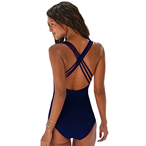 SEDEX Bañadores de Mujer Sexy Cuello en V Profundo Natacion Trajes de Baño de Una Pieza Monokinis Natacióncon Relleno Push up Halter Ropa de Baño Playa((Azul,XL)