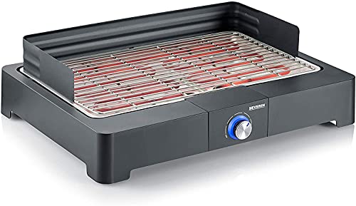 SEVERIN Barbacoa de mesa con parrilla de acero inoxidable para interior y exterior, parrilla eléctrica con arranque rápido, mini barbacoa sin riesgo de quemaduras, negro, PG 8560