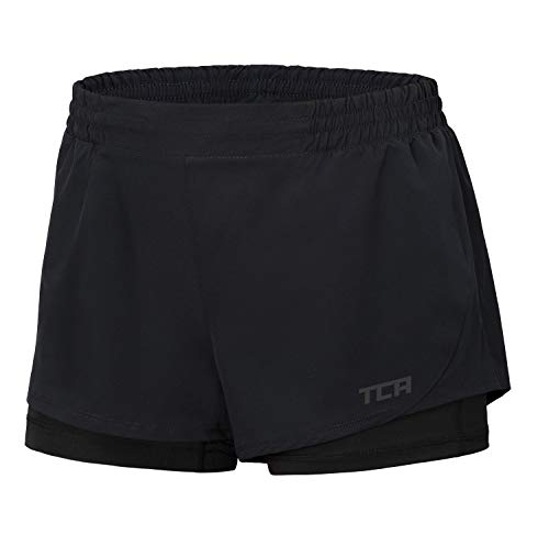 TCA Pantalones Cortos de Running Mujer 2 en 1 Pantalón Corto con Compresión Interna y Bolsillo con Cremallera - Negro, S