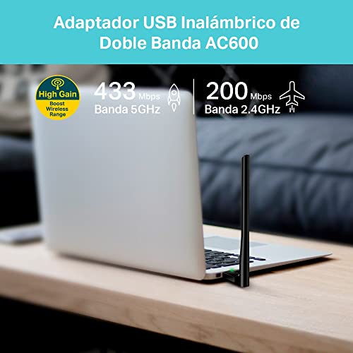 TP-Link Archer T2U Plus - Adaptador wifi usb 5G & 2.4G Hz, Antena Wi-Fi AC 600 Mbps, Doble Banda con Antena Externa y Señal Potente, Turbo 256QAM, óptimo para Teletrabajo