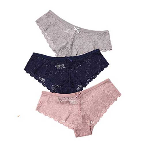 UKKO Bragas de Mujer Bragas de Mujer 3 Pcs Bragas para Mujer Ropa Interior Sexy Encaje Transpirable Suave Lencería Hembra Bragas Panty Sexy Transparente Mujeres-Grey Blue Beige,XXL