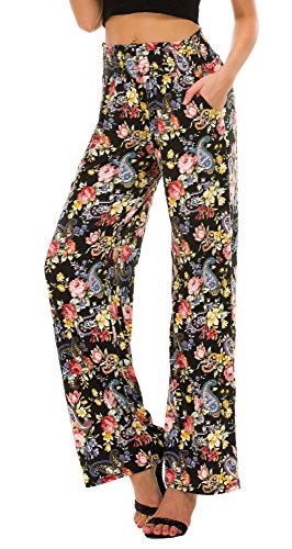 Urban GoCo Mujer Pantalón Palazzo de Pierna Ancha Casual Estampado Floral Baggy Pantalones (Large, 5)