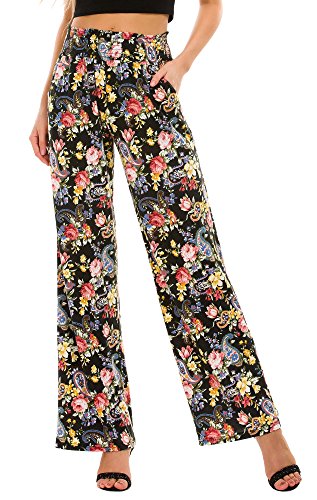 Urban GoCo Mujer Pantalón Palazzo de Pierna Ancha Casual Estampado Floral Baggy Pantalones (Large, 5)