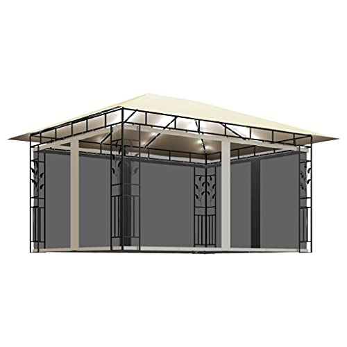 vidaXL Cenador con Mosquitera y Tira de Luces Lateral Pérgola Jardín Patio Toldo Sombrilla Parasol Tienda Carpa Marquesina Crema 4x3x2,73m 180 g/m²