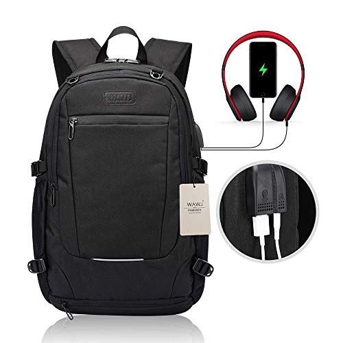 WAWJ Mochila antirrobo Impermeable, Mochila para Portátil Multiusos Daypacks con Puerto de Carga USB y Toma de Auriculares Mochila con la Red de Baloncesto (Negro)