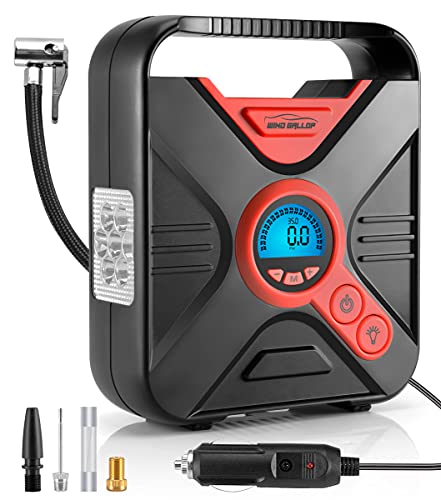 WindGallop Portatil Compresor Aire Coche 12V Inflador Ruedas Coche Mini Compresor de Aire Pequeños, Hinchador Electrico Bicicleta Inflador Neumáticos Bomba Aire Coche con Manómetro, Luz LED (Rojo)