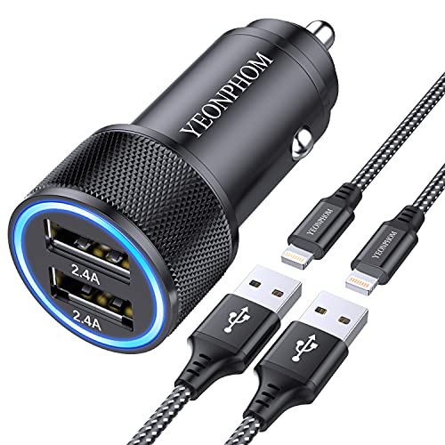 YEONPHOM Cargador de Coche USB para iPhone 12 Pro Max/11 Pro MAX/XS Max/XR/X/8/7 Plus/7/6S/6/5/5C/SE,Pad Pro/Air/Mini,2.4A Metal Rapida Doble Puertos USB Adaptador Cargador Coche con 2Pack 1M Cable