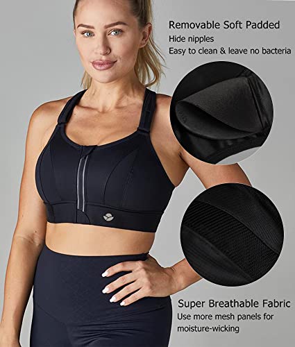 YIANNA Sujetador Deportivo Mujer Alto Impacto con Relleno Cremallera Cierre Delantero Tallas Grandes Sujetadores sin Aros Yoga Sports Bra Negro, 151 Size M