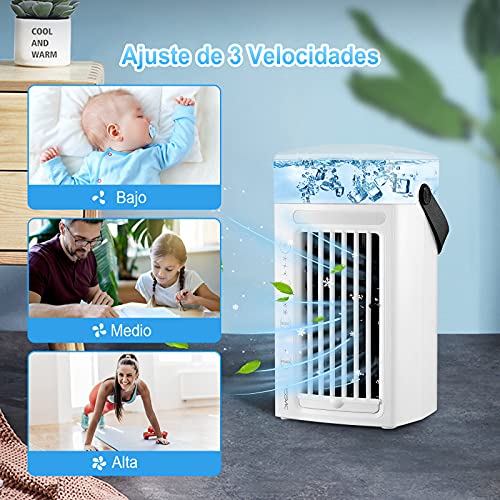 YISSVIC Mini Enfriador de Aire Mini Acondicionador de Aire Móvil 4 en 1 con 3 Velocidades y 7 Colores Luz para Hogar, Oficina, Dormitorio,etc.