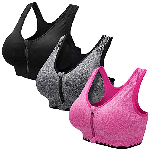 ZOEREA Sujetador Cierre Delantero Deportivo para Mujer Gimnasio Ropa con Almohadillas Extraíbles para Correr Sin Costuras Yoga Fitness，Negro + Gris + Rosa，XXL